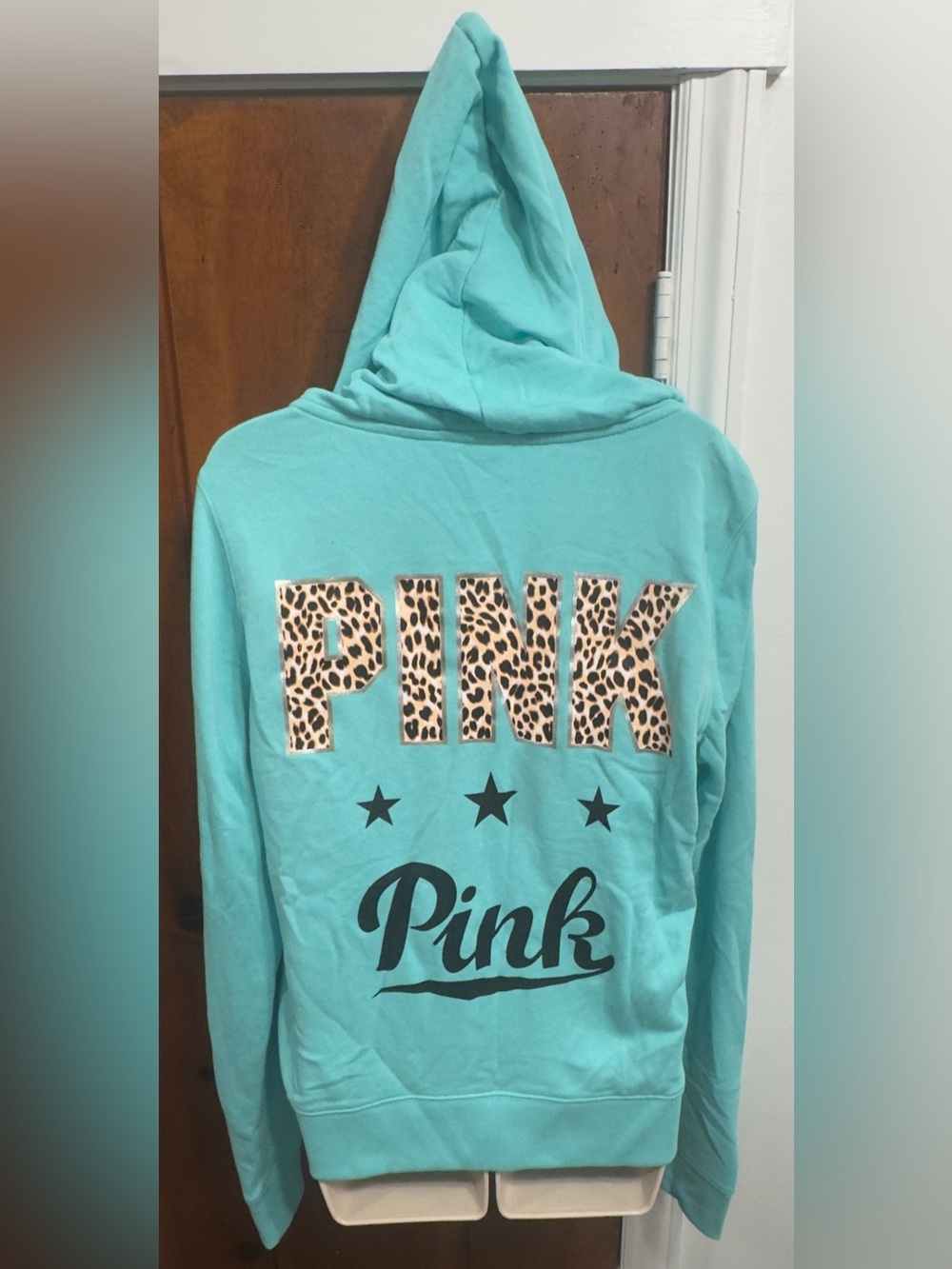 Victoria’s Secret PINK 2015 Aqua Blue Leopard Logo Zip Hoodie Large NWT